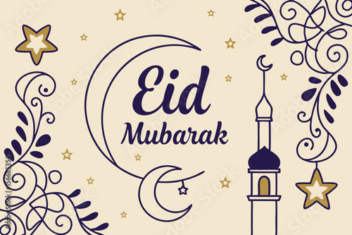 Eid Mubarak calligraphy with crescent moon and mosque stars