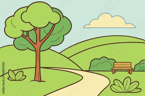 A Sweet Cartoon Park Scene On A Sunny Day With A Curvy Path And Lush Green Trees