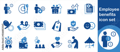 Employee benefits icon set, money, income, currency, health insurance, benefits package, retirement, welfare, offer, incentive, person, education, recruitment, benefits, job and more