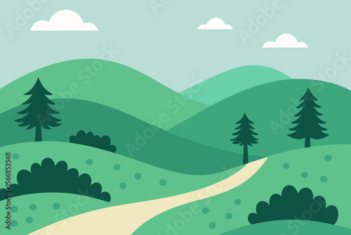 A Modern Flat Design Landscape With A Winding Dirt Path Through Bright Green Hills