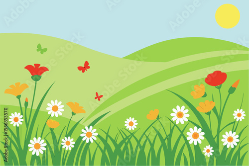 A Vivid And Realistic Spring Meadow Background With Many Colorful Wildflowers
