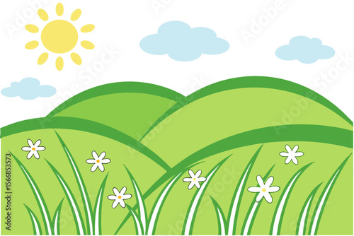 A Fun And Bright Cartoon Summer Scene With Rolling Green Hills Under A Blue Sky