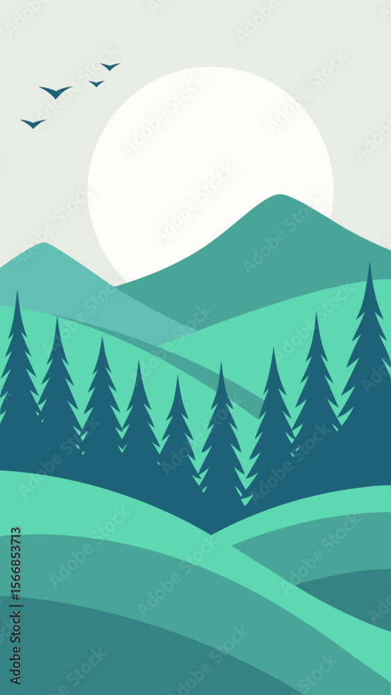 Fototapeta premium A Clean And Minimalist Vector Landscape With Rolling Green Hills And A Single Cloud
