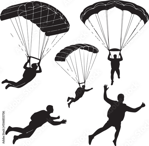 Skydiver Freefall Silhouette Over Mountains

Parachutist Deploying Canopy Vector Design

Tandem Skydiving Silhouette Scene

Parachute Opening in Midair Vector Art

Landing Parachutist Silhouette Illus
