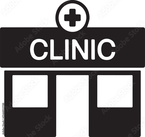 Simple black silhouette of a clinic building with a cross symbol and text silhouette