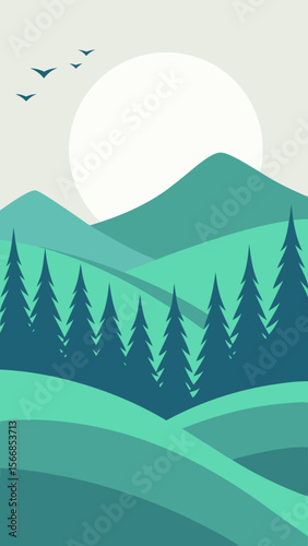 A Clean And Minimalist Vector Landscape With Rolling Green Hills And A Single Cloud
