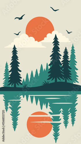 A Beautiful Vector Illustration Of A Lake With Reflections Of Mountains And Trees