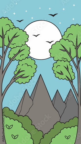 A Stylized Cartoon Landscape Illustration With Green And Orange Tones For A Fun Vibe