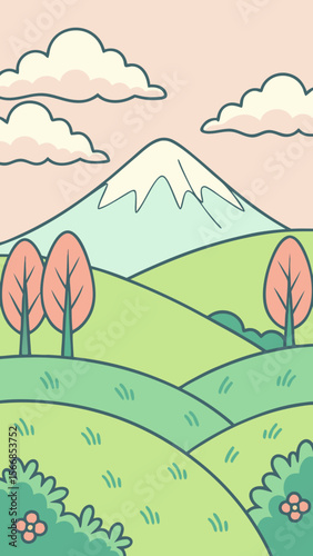 A Soft And Gentle Cartoon Landscape With A Single Snowy Mountain And A Pink Sky