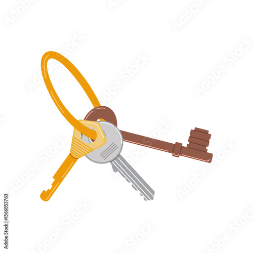 Vector illustration of a keychain with assorted keys. Realistic style clipart of modern and antique keys, perfect for security, locksmith, or home-related designs.