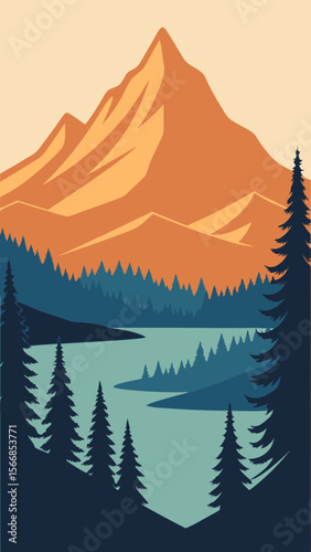 A Scenic Vector Landscape Of A Mountain Lake At Sunset With Beautiful Reflections