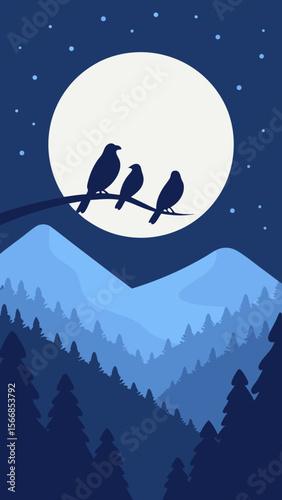 A Stylized Night Scene With A Massive And Bright Full Moon Over A Dark Landscape