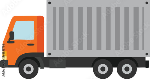 Orange container truck vector illustration with gray cargo box and black wheels design