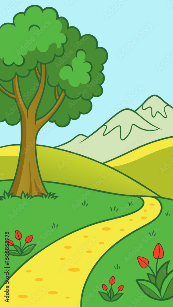 Obraz premium A Vibrant And Lush Cartoon Landscape With A Yellow Path Winding Through Green Fields