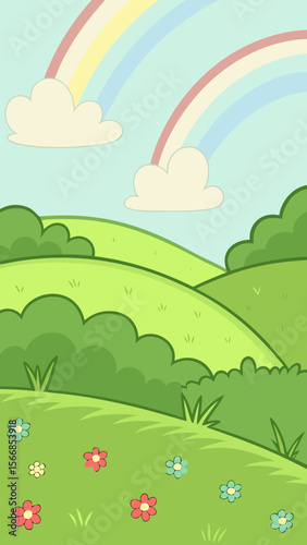 A Bright And Colorful Cartoon Landscape With A Field Of Flowers And A Winding Path