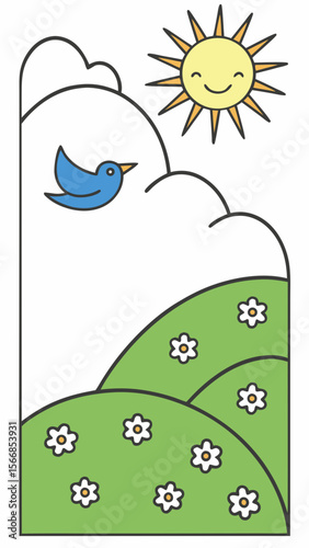 A Vertical Cartoon Illustration Of A Cheerful Sunny Day With A Path And Green Hills