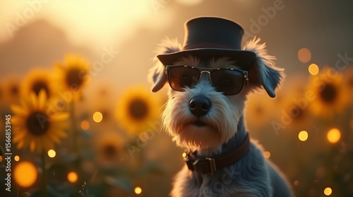 Whimsical Schnauzer with Top Hat and Sunglasses in Sunflower Field with Fireflies
