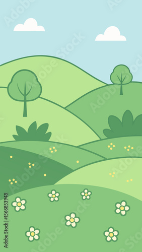 A Simple And Cute Flat Landscape For Children With Gentle Hills And A Happy Sun