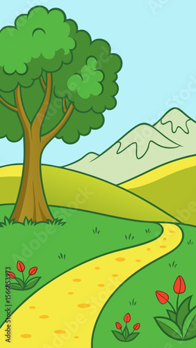 A Vibrant And Lush Cartoon Landscape With A Yellow Path Winding Through Green Fields