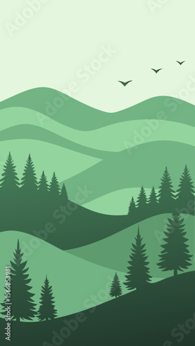 A Minimalist Landscape Illustration Using A Monochrome Palette With A Single Tree