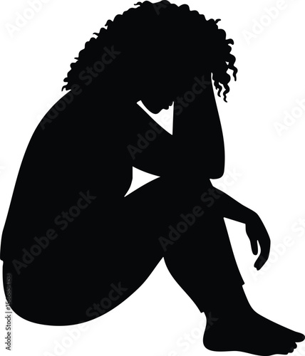 Silhouette of sad woman sitting with head in hands expressing stress and emotional pain vector illustration