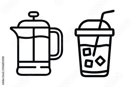 French press coffee and iced drink with straw beverage