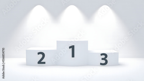 Photo of a white winners podium with numbers 1, 2, and 3 is dramatically lit against a white background