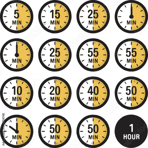 Various time intervals displayed on circular clocks minute hour