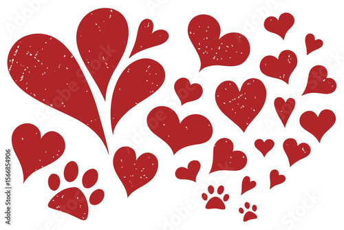 Valentine's Day Animal Paw Print Hearts, And Red Grunge Hearts Paw Prints