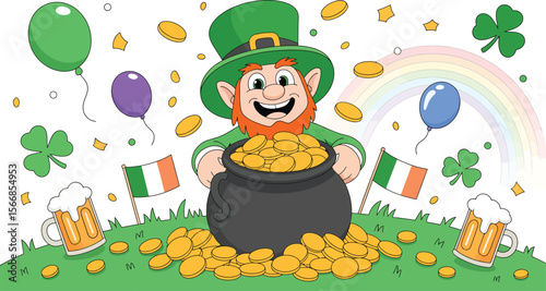 A cartoon leprechaun holding a pot of gold with irish flags and beer mugs on a field with rainbow