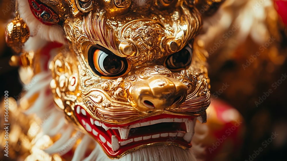 Obraz premium Ornate Golden Lion Dance Mask Detailed Close Up