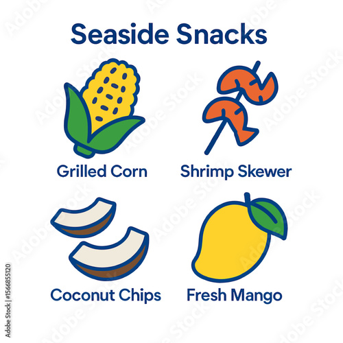 Illustrated seaside snacks featuring grilled corn, shrimp skewer, coconut chips, and fresh mango.