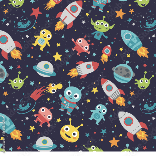 A vibrant, colorful space-themed seamless pattern featuring rockets, friendly aliens, planets, stars, and a comet against a dark blue starry background.