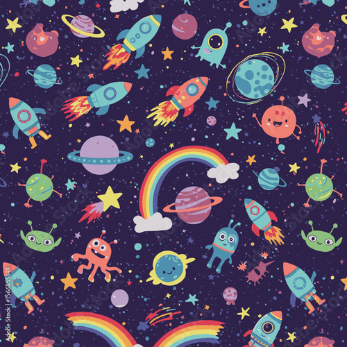 Seamless pattern featuring colorful space elements such as rockets, planets, aliens, stars, and rainbows, creating a whimsical and playful design on dark background.