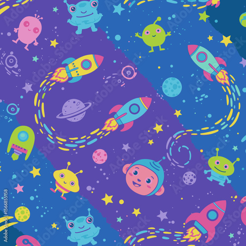 Whimsical cartoon space scene featuring friendly aliens, rockets, planets, and stars on a vibrant purple background.