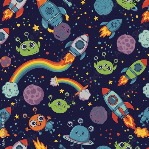 A delightful seamless pattern showcasing playful cartoon rockets, friendly aliens, colorful planets, and bright rainbows against a dark starry background.