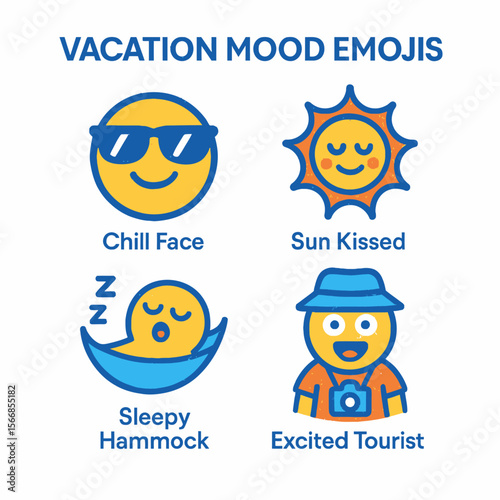 Four cheerful emojis depict vacation moods: relaxation, sunbathing, sleepiness, and excited travel.