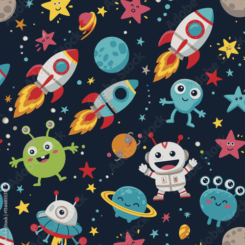 A playful seamless pattern featuring cartoon spaceships, planets, stars, and friendly aliens, perfect for children's products, textiles, or creative backgrounds.