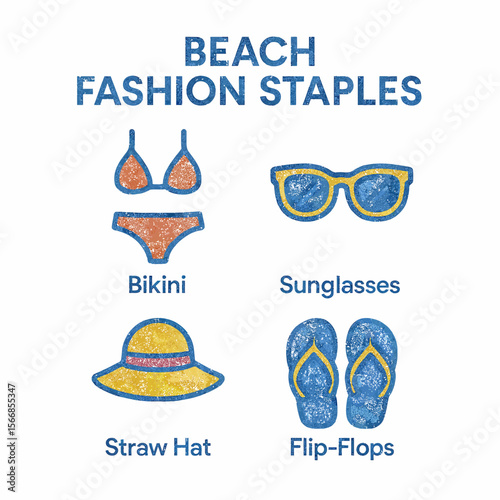 Beach fashion staples illustrated with bikini, sunglasses, straw hat, and flip-flops.
