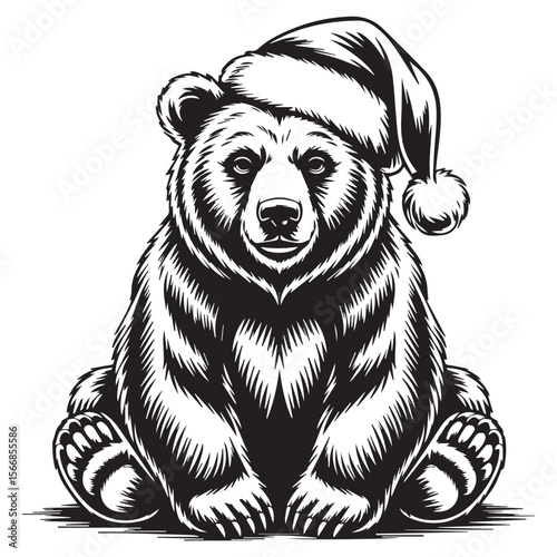 Christmas Bear in Santa Hat – Vintage Holiday Animal Art