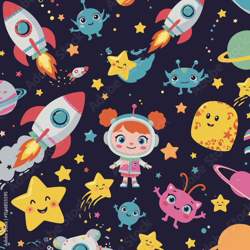 Whimsical cartoon space pattern featuring friendly aliens, smiling stars, rockets, and a cute astronaut girl on a dark blue background.