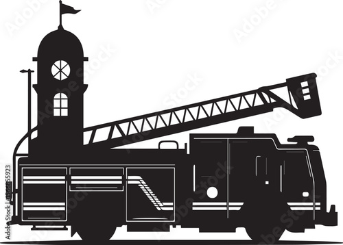 Fire engine with ladder and tower silhouette on white background