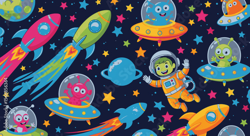 A cheerful space-themed illustration featuring friendly aliens, rockets, and planets, perfect for kids' apparel or playful designs.
