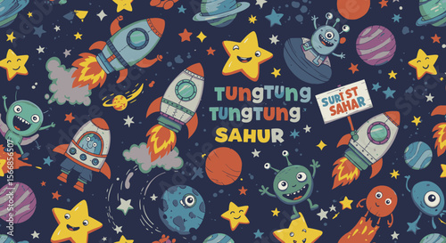 Whimsical cartoon space pattern featuring friendly aliens, rockets, planets, and stars on a dark blue background.