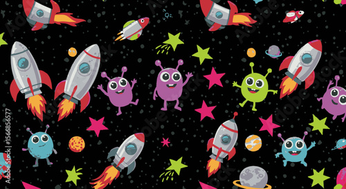 A whimsical space-themed background featuring colorful cartoon rockets, smiling aliens, and vibrant stars scattered across a dark, starry expanse, creating a playful pattern.