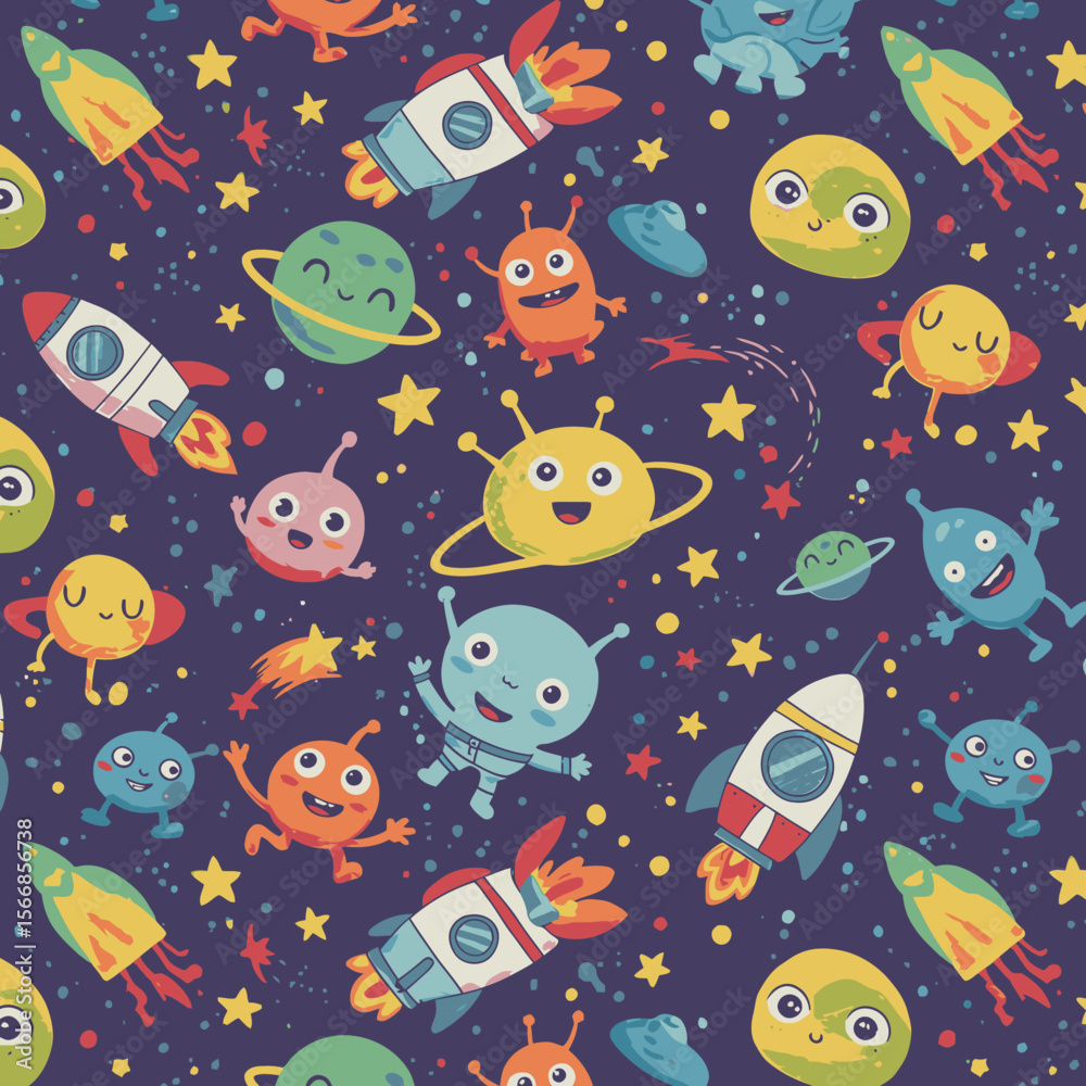 Naklejka premium A whimsical and colorful seamless pattern featuring adorable cartoon aliens, friendly planets, and rockets soaring through a starry cosmic space.