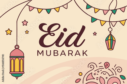 Eid Mubarak festive greeting with lanterns and stars islamic holiday