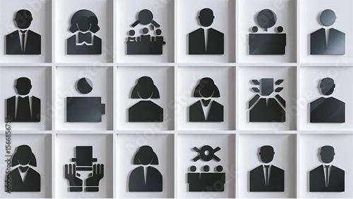 Set of business people icons with silhouettes, avatars, profiles, and symbols in vector style