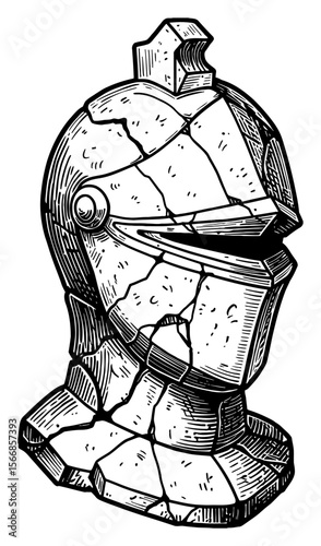 Badass Knight Head Sculpture Statue Very Broken Fractured Black and White Outline Line Art Drawing
