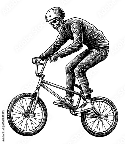 An Active Skeleton Rider Performing Trick on BMX Bicycle Black and White Outline Line Art Drawing